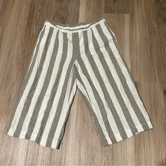 beachlunchlounge Pants - White and Green Striped Linen Pants XL beachlunchlounge